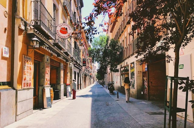Calle urbana con comercios y árboles